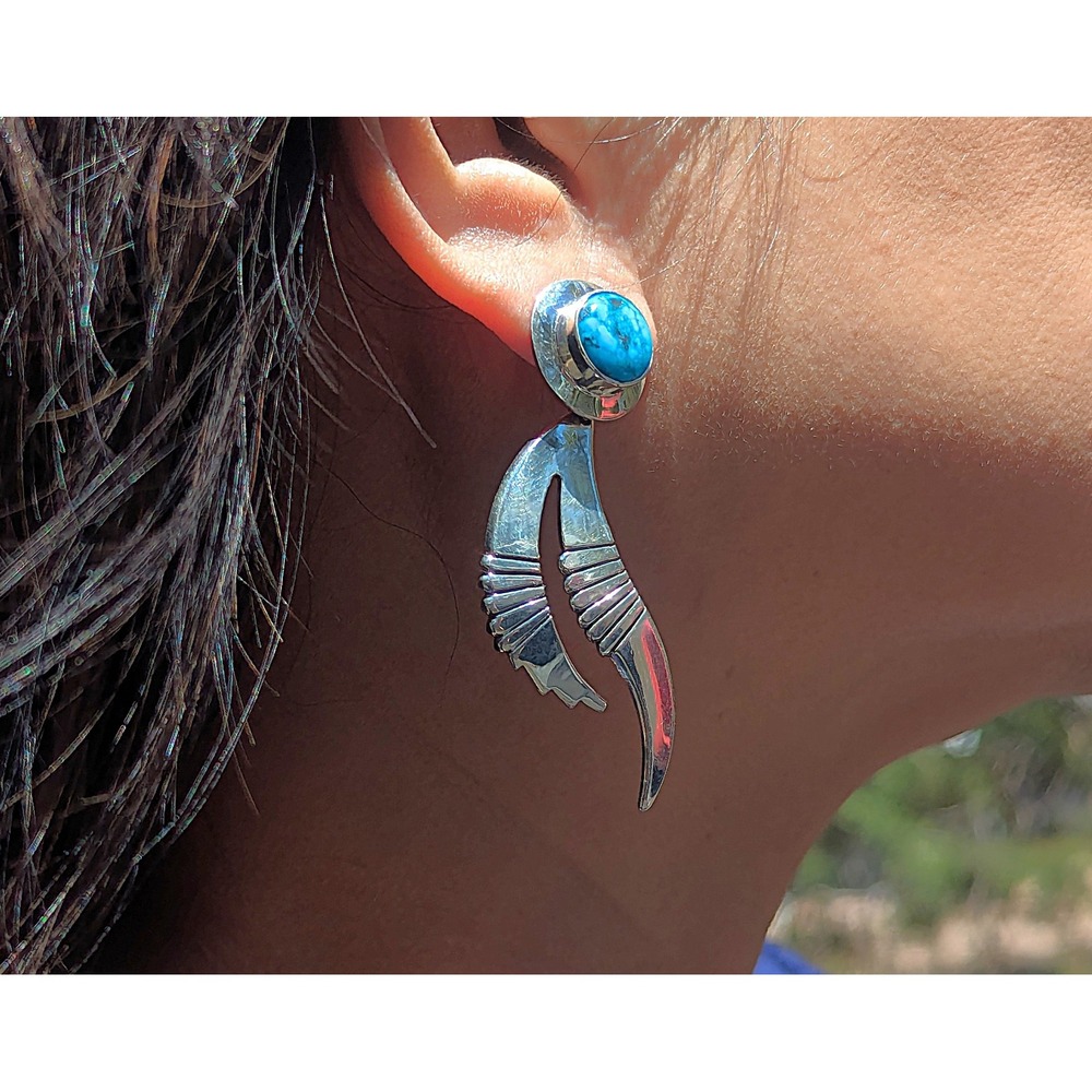 Navajo Earrings Handmade Native American Kingman Turquoise NA Silver Jewelry **